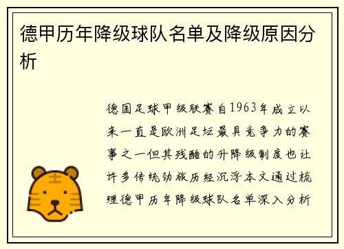 德甲历年降级球队名单及降级原因分析